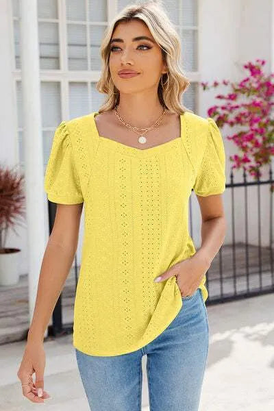 Eyelet Puff Sleeve T-Shirt Women's T-Shirts - Tophatter Daily Deals
